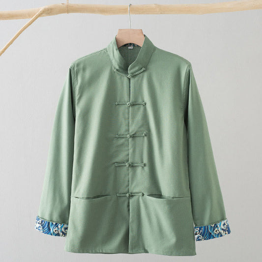 Buddha Stones Solid Embroidered Waves Long Sleeve Frog-Button Cotton Linen Men's Shirt