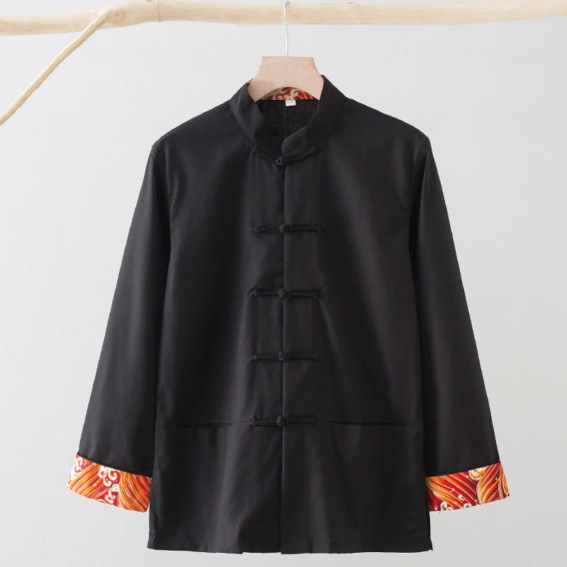 Buddha Stones Solid Embroidered Waves Long Sleeve Frog-Button Cotton Linen Men's Shirt