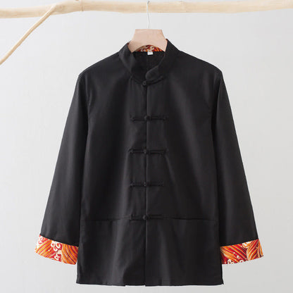 Buddha Stones Solid Embroidered Waves Long Sleeve Frog-Button Cotton Linen Men's Shirt