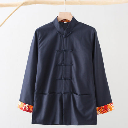 Buddha Stones Solid Embroidered Waves Long Sleeve Frog-Button Cotton Linen Men's Shirt