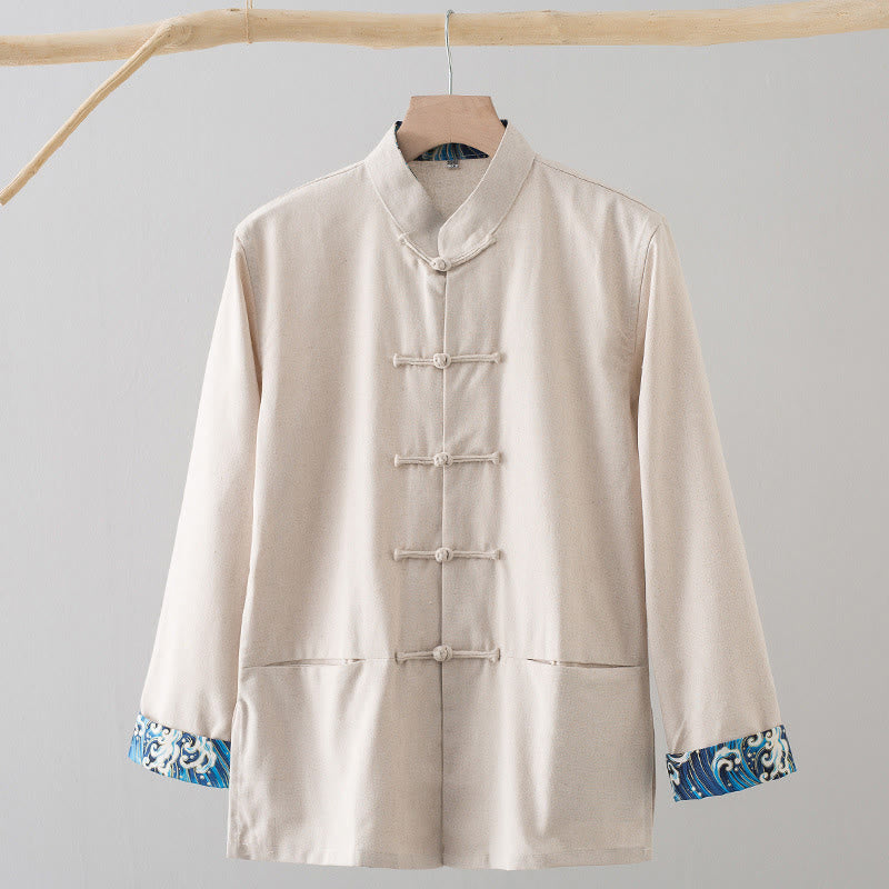 Buddha Stones Solid Embroidered Waves Long Sleeve Frog-Button Cotton Linen Men's Shirt