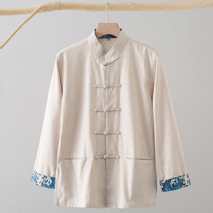 Buddha Stones Solid Embroidered Waves Long Sleeve Frog-Button Cotton Linen Men's Shirt