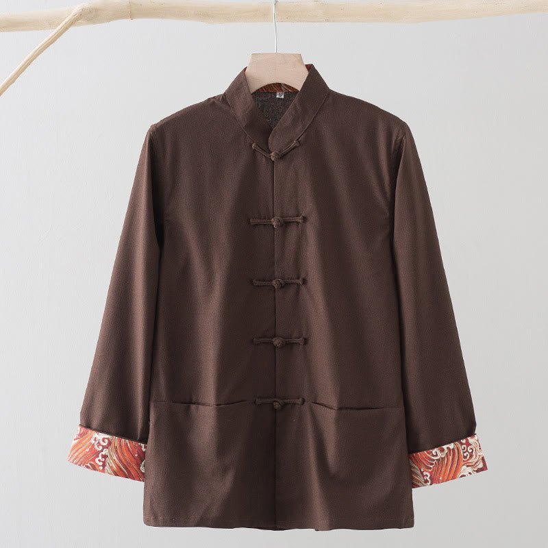 Buddha Stones Solid Embroidered Waves Long Sleeve Frog-Button Cotton Linen Men's Shirt