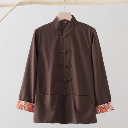 Buddha Stones Solid Embroidered Waves Long Sleeve Frog-Button Cotton Linen Men's Shirt