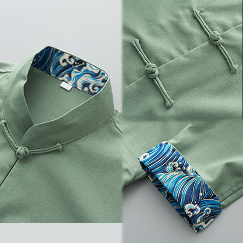 Buddha Stones Solid Embroidered Waves Long Sleeve Frog-Button Cotton Linen Men's Shirt