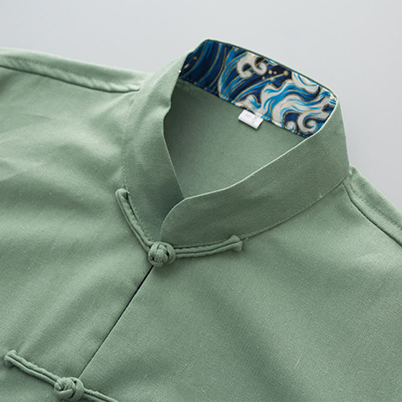 Buddha Stones Solid Embroidered Waves Long Sleeve Frog-Button Cotton Linen Men's Shirt
