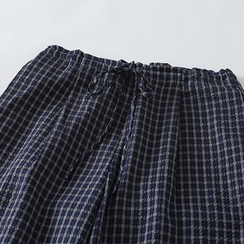 Buddha Stones Casual Plaid Pattern Women's Cotton Wide Leg Pants With Pockets