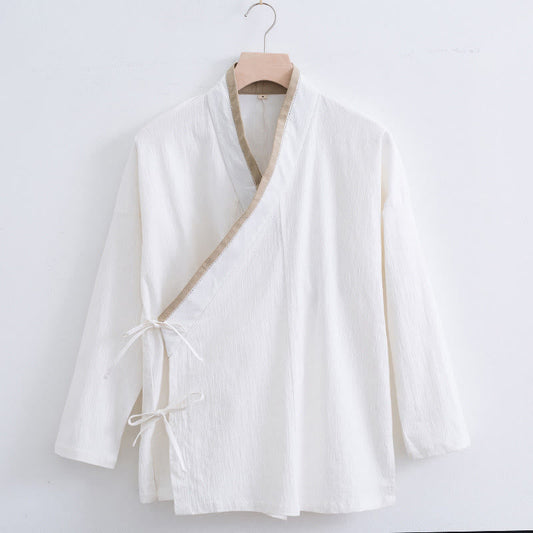 Buddha Stones Vintage Solid Long Sleeve Lace-up Design Cotton Linen Men's Shirt