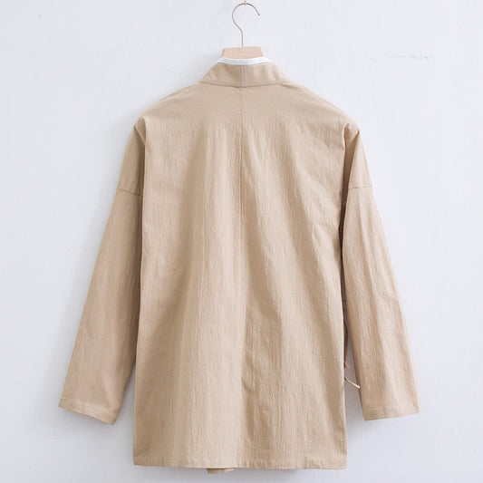 Buddha Stones Vintage Solid Long Sleeve Lace-up Design Cotton Linen Men's Shirt