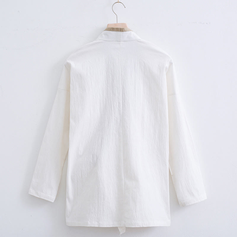 Buddha Stones Vintage Solid Long Sleeve Lace-up Design Cotton Linen Men's Shirt