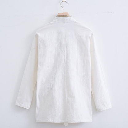 Buddha Stones Vintage Solid Long Sleeve Lace-up Design Cotton Linen Men's Shirt