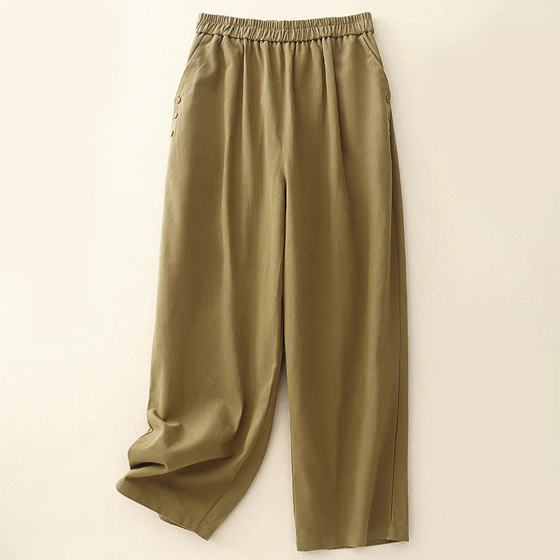Buddha Stones Casual Snap Buttons Women's Cotton Polyester Pants With Pockets