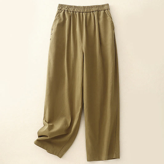 Buddha Stones Casual Snap Buttons Women's Cotton Polyester Pants With Pockets