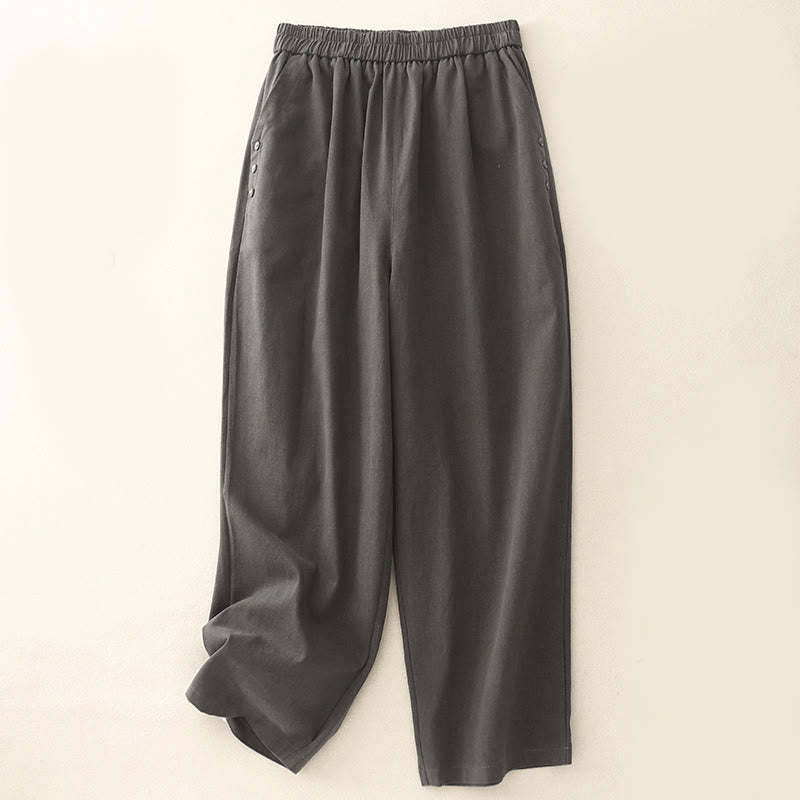 Buddha Stones Casual Snap Buttons Women's Cotton Polyester Pants With Pockets