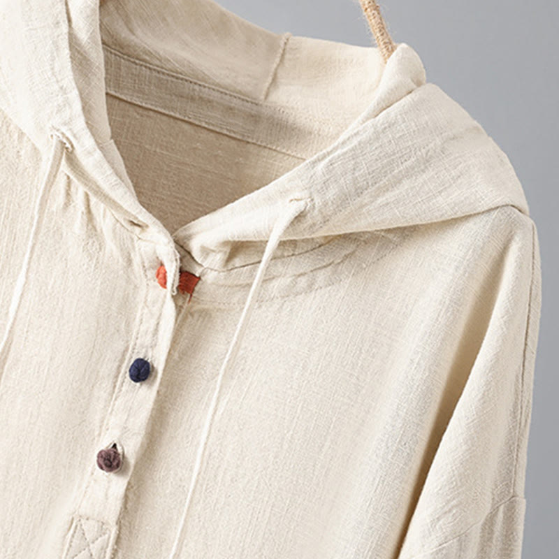 Buddha Stones Women's Plain Buttons Design Cotton Long Sleeve Hoodie With Pockets