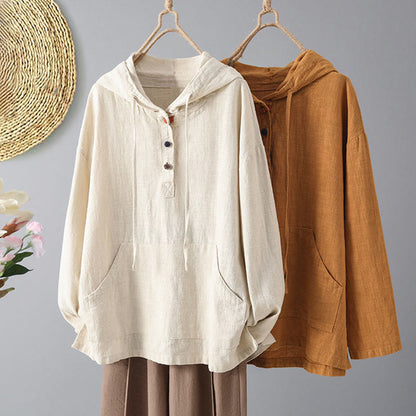 Buddha Stones Women's Plain Buttons Design Cotton Long Sleeve Hoodie With Pockets