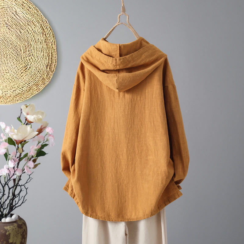 Buddha Stones Women's Plain Buttons Design Cotton Long Sleeve Hoodie With Pockets
