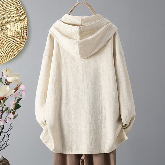 Buddha Stones Women's Plain Buttons Design Cotton Long Sleeve Hoodie With Pockets