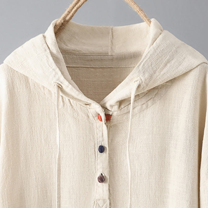 Buddha Stones Women's Plain Buttons Design Cotton Long Sleeve Hoodie With Pockets