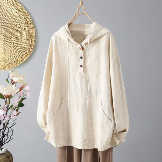Buddha Stones Women's Plain Buttons Design Cotton Long Sleeve Hoodie With Pockets