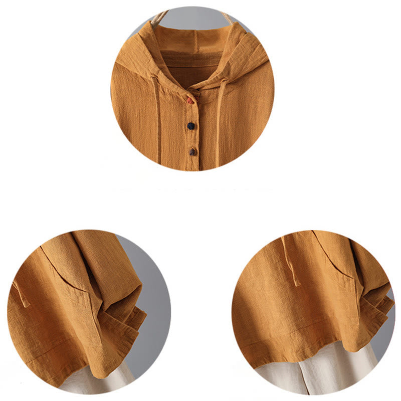 Buddha Stones Women's Plain Buttons Design Cotton Long Sleeve Hoodie With Pockets