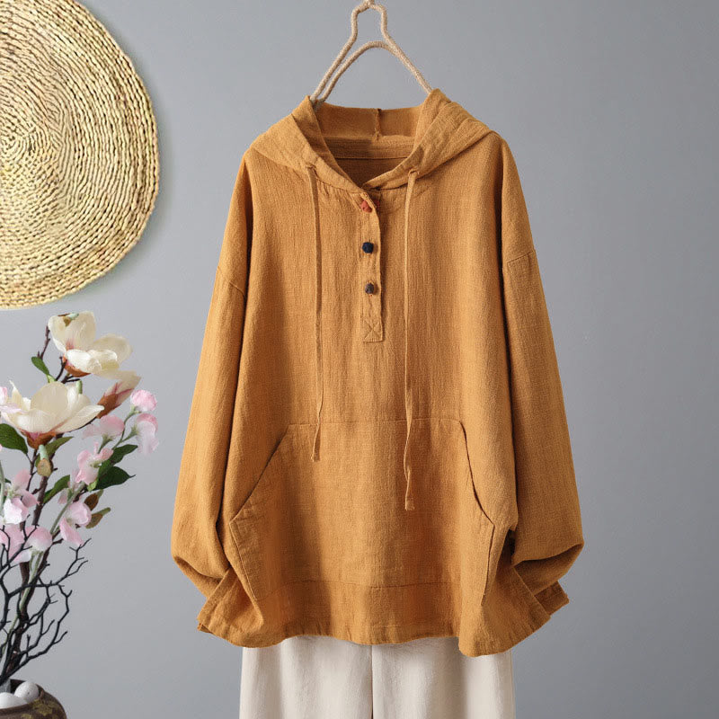 Buddha Stones Women's Plain Buttons Design Cotton Long Sleeve Hoodie With Pockets