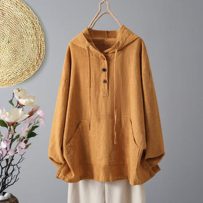 Buddha Stones Women's Plain Buttons Design Cotton Long Sleeve Hoodie With Pockets