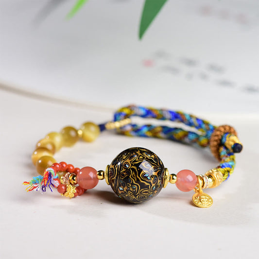 Buddha Stones Tibetan  Lacquer Bead Hand-woven Tiger Eye Stone Protection Bracelet