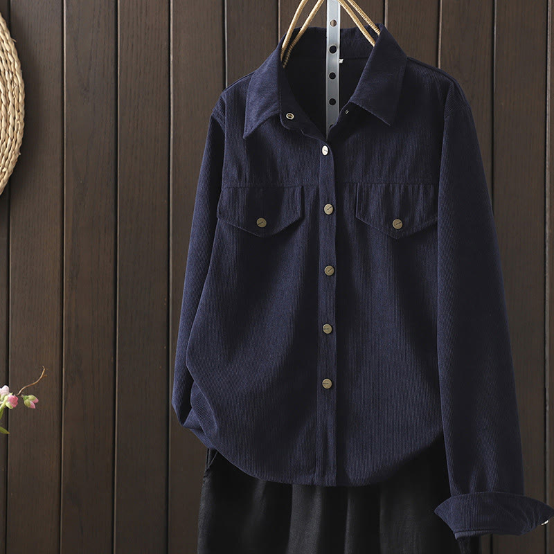 Buddha Stones Commute Plain Buttons Cotton Corduroy Women's Long Sleeve Shirt