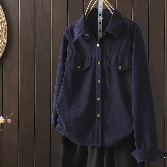 Buddha Stones Commute Plain Buttons Cotton Corduroy Women's Long Sleeve Shirt