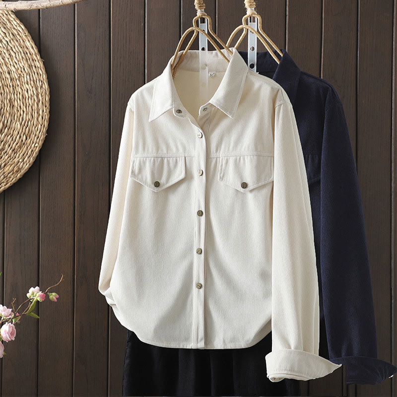 Buddha Stones Commute Plain Buttons Cotton Corduroy Women's Long Sleeve Shirt