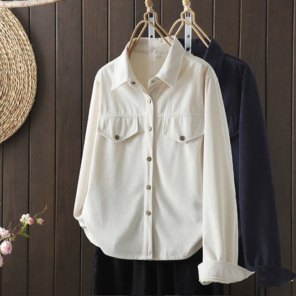 Buddha Stones Commute Plain Buttons Cotton Corduroy Women's Long Sleeve Shirt