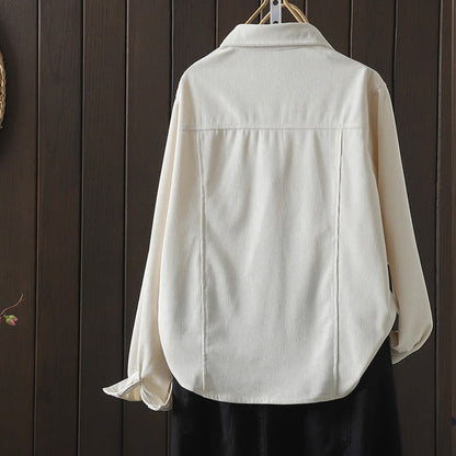 Buddha Stones Commute Plain Buttons Cotton Corduroy Women's Long Sleeve Shirt