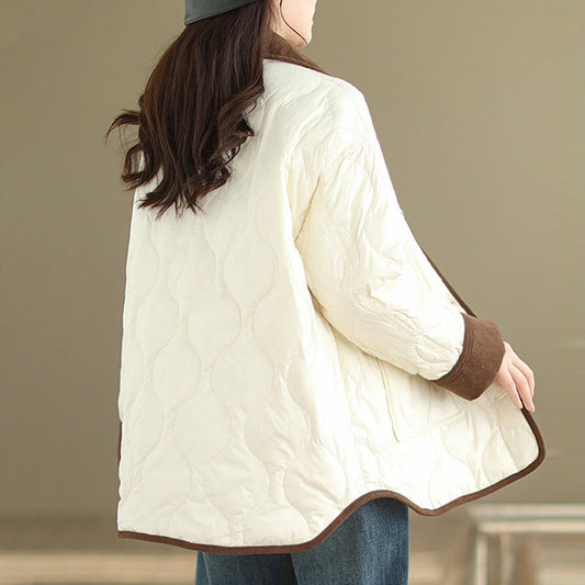 Buddha Stones Contrasting Color Lapel Women's Long Sleeve Cotton Jacket With Pockets