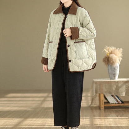 Buddha Stones Contrasting Color Lapel Women's Long Sleeve Cotton Jacket With Pockets