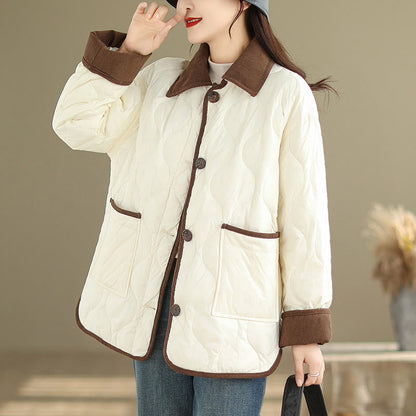 Buddha Stones Contrasting Color Lapel Women's Long Sleeve Cotton Jacket With Pockets