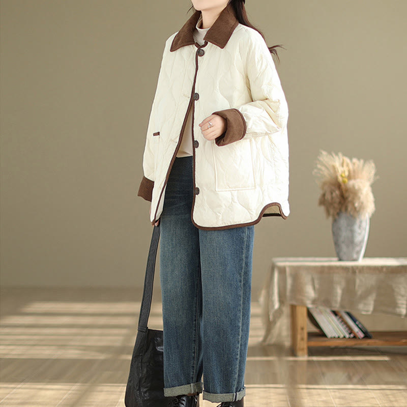 Buddha Stones Contrasting Color Lapel Women's Long Sleeve Cotton Jacket With Pockets