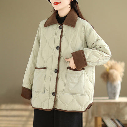 Buddha Stones Contrasting Color Lapel Women's Long Sleeve Cotton Jacket With Pockets
