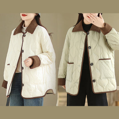 Buddha Stones Contrasting Color Lapel Women's Long Sleeve Cotton Jacket With Pockets