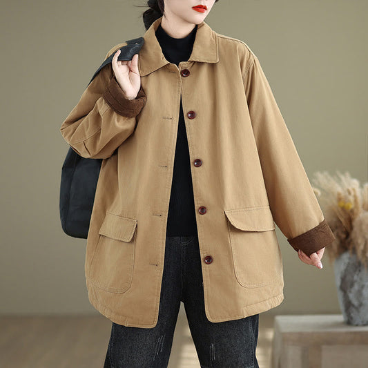 Buddha Stones Plain Lapel Buttons Design Women's Long Sleeve Quilted Cotton Jacket With Pockets