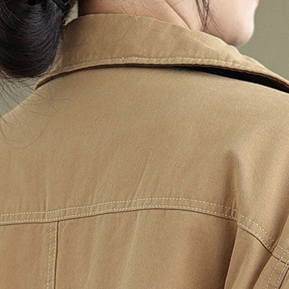 Buddha Stones Plain Lapel Buttons Design Women's Long Sleeve Quilted Cotton Jacket With Pockets