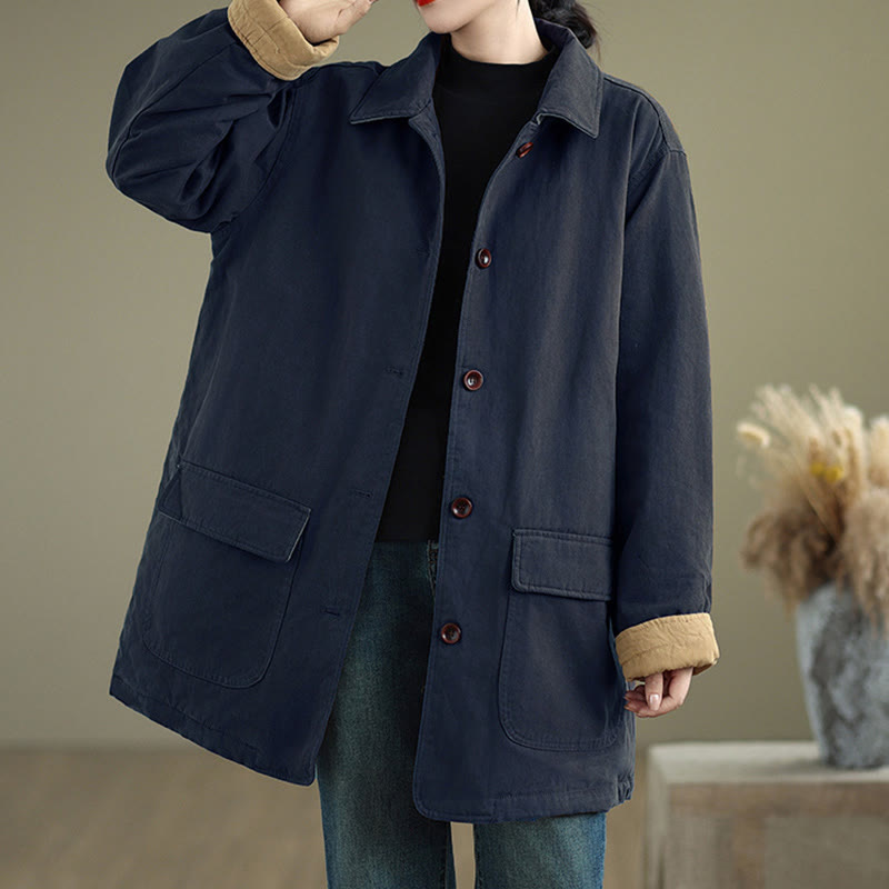 Buddha Stones Plain Lapel Buttons Design Women's Long Sleeve Quilted Cotton Jacket With Pockets