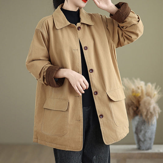 Buddha Stones Plain Lapel Buttons Design Women's Long Sleeve Quilted Cotton Jacket With Pockets