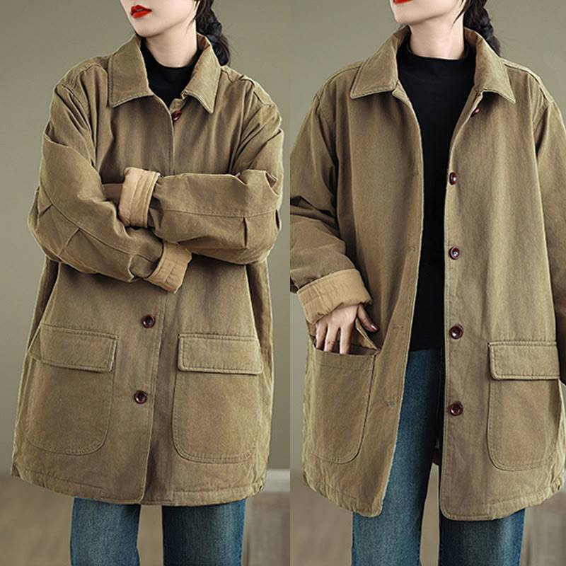 Buddha Stones Plain Lapel Buttons Design Women's Long Sleeve Quilted Cotton Jacket With Pockets