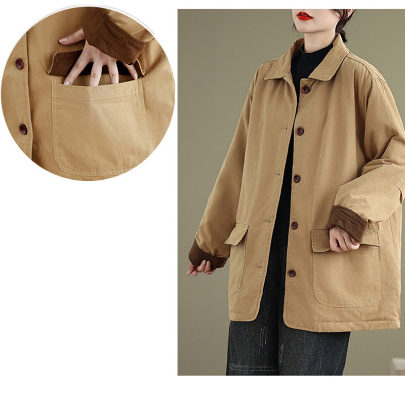 Buddha Stones Plain Lapel Buttons Design Women's Long Sleeve Quilted Cotton Jacket With Pockets