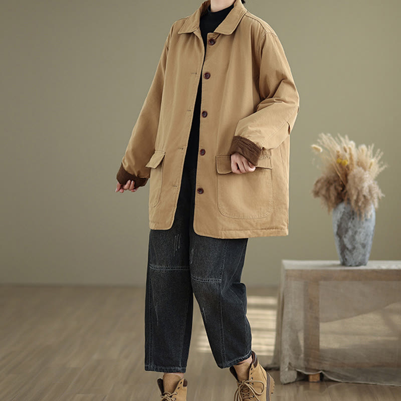 Buddha Stones Plain Lapel Buttons Design Women's Long Sleeve Quilted Cotton Jacket With Pockets