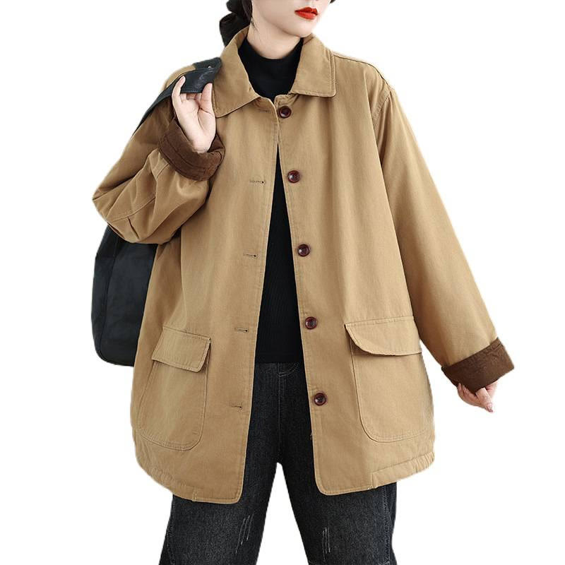 Buddha Stones Plain Lapel Buttons Design Women's Long Sleeve Quilted Cotton Jacket With Pockets