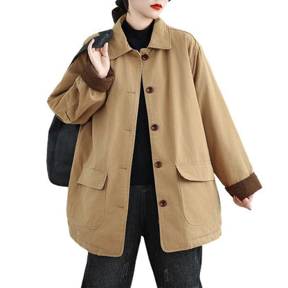 Buddha Stones Plain Lapel Buttons Design Women's Long Sleeve Quilted Cotton Jacket With Pockets