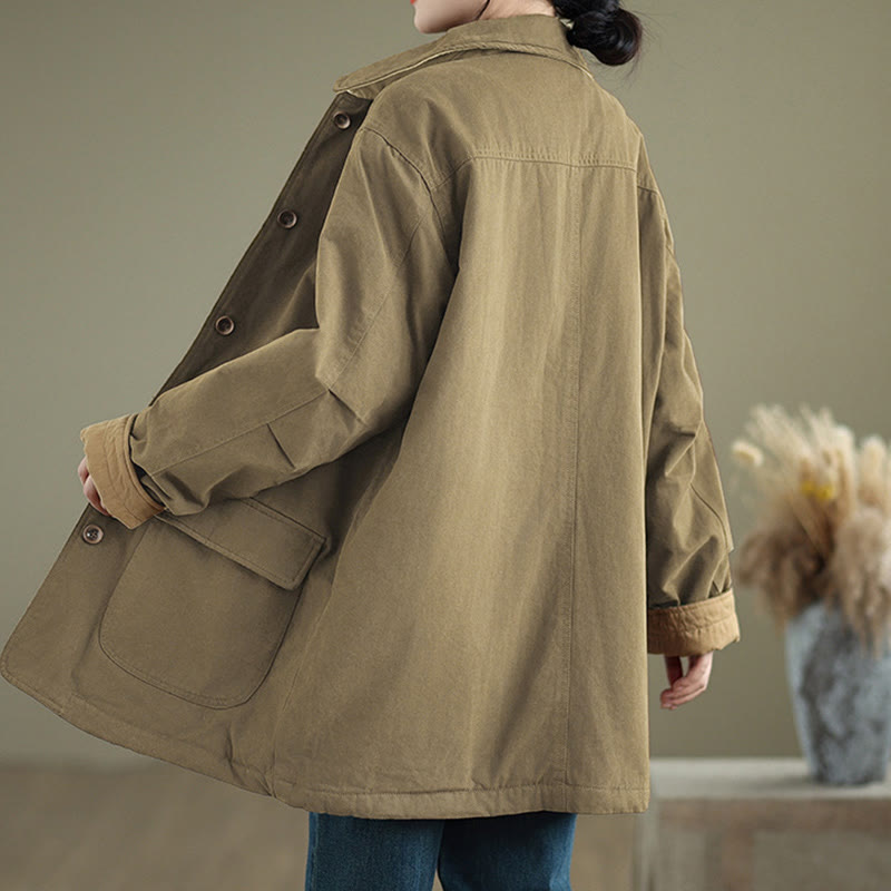 Buddha Stones Plain Lapel Buttons Design Women's Long Sleeve Quilted Cotton Jacket With Pockets