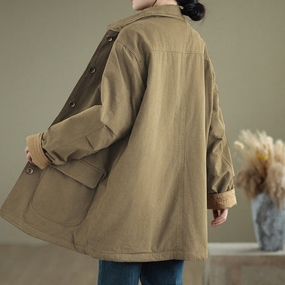 Buddha Stones Plain Lapel Buttons Design Women's Long Sleeve Quilted Cotton Jacket With Pockets